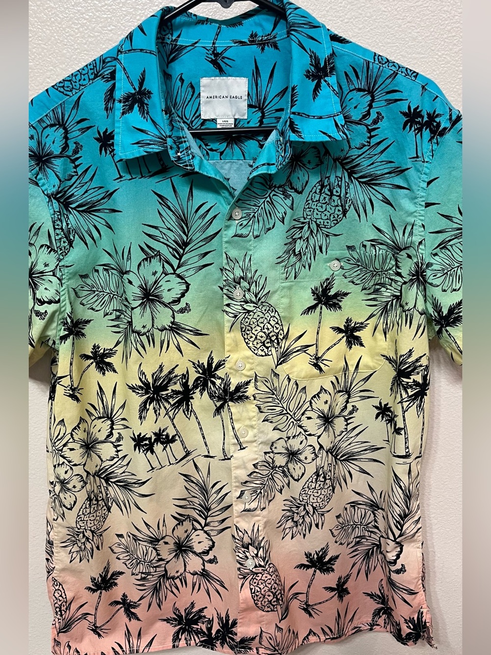 American Eagle Outfitters Men’s Gradient Tropical Shirt - Blue/Yellow/Pink